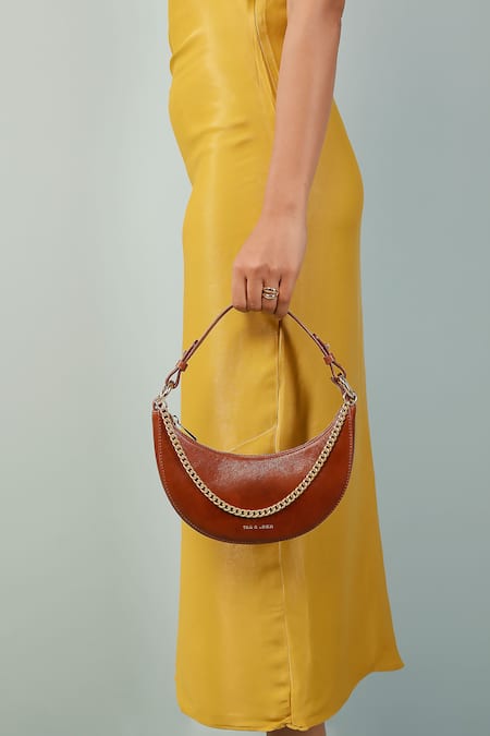 Tan & Loom Brown Chain Detail Little Lune Leather Baguette 