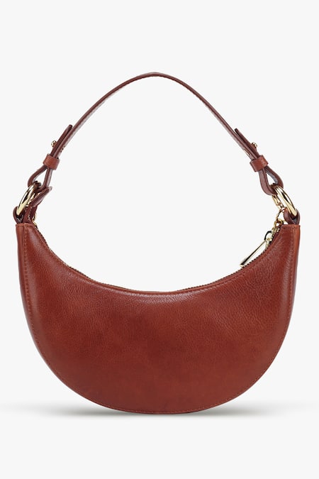 Tan & Loom_Brown Chain Detail Little Lune Leather Baguette_Online_at_Aza_Fashions