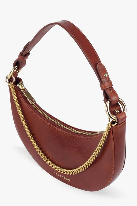 Buy_Tan & Loom_Brown Chain Detail Little Lune Leather Baguette_Online_at_Aza_Fashions