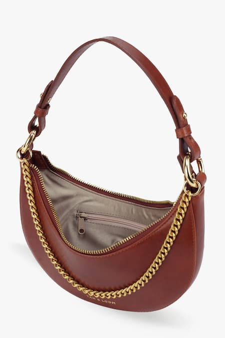 Shop_Tan & Loom_Brown Chain Detail Little Lune Leather Baguette_Online_at_Aza_Fashions