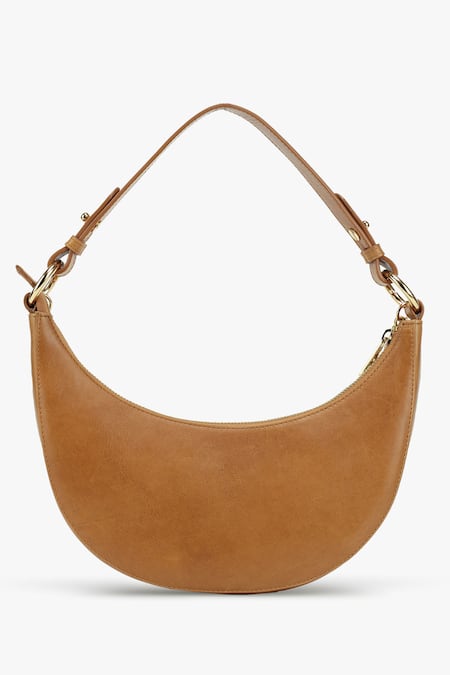Tan & Loom_Brown Chain Detail Lune Leather Crescent Baguette_Online_at_Aza_Fashions