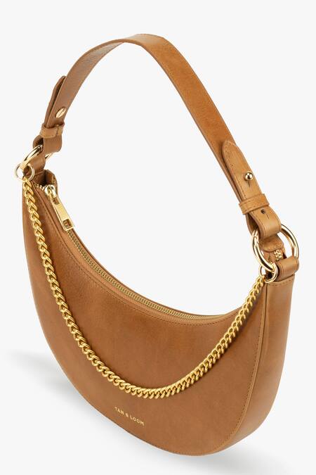 Buy_Tan & Loom_Brown Chain Detail Lune Leather Crescent Baguette_Online_at_Aza_Fashions