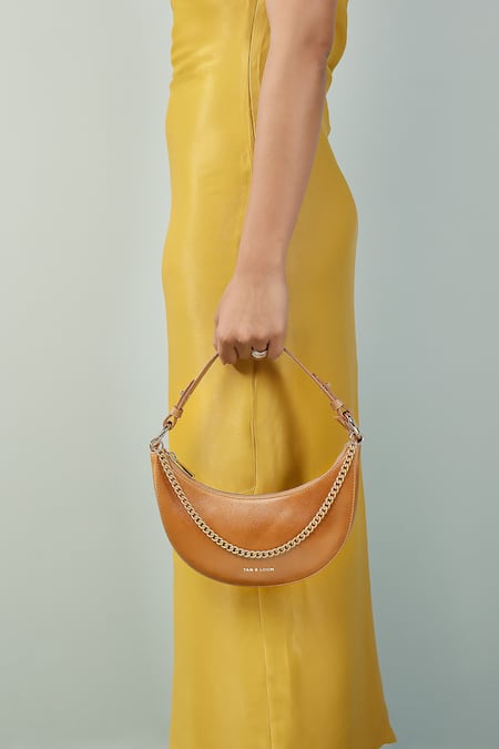 Tan & Loom Brown Chain Detail Little Lune Plain Leather Baguette 