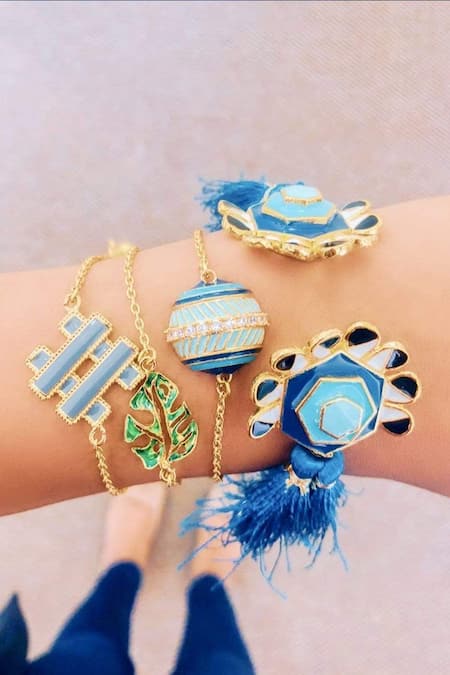 Shop_PRERTO_Blue Crystals Dome Charm Bracelet _at_Aza_Fashions
