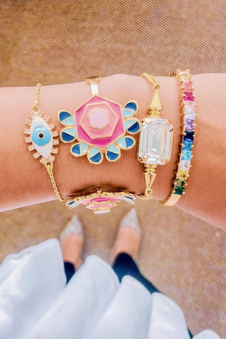 Shop PRERTO Gold Plated Embellished Evil Eye Charm Bracelet at Aza Fashions Shop_PRERTO_Gold Plated Embellished Evil Eye Charm Bracelet _at_Aza_Fashions