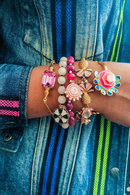 Shop PRERTO Gold Plated Flower Charm Bracelet at Aza Fashions Shop_PRERTO_Gold Plated Flower Charm Bracelet _at_Aza_Fashions