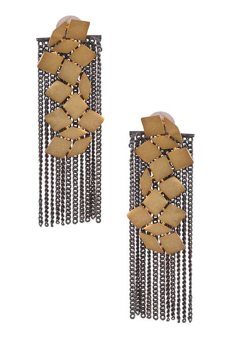 Shop Zaza By Somya Gold Plated Geometric Chain Dangler Earrings at Aza Fashions Shop_Zaza By Somya_Gold Plated Geometric Chain Dangler Earrings _at_Aza_Fashions