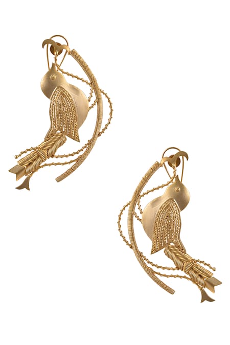 Shop Zaza By Somya Gold Plated Carved Bird Dangler Earrings at Aza Fashions Shop_Zaza By Somya_Gold Plated Carved Bird Dangler Earrings _at_Aza_Fashions