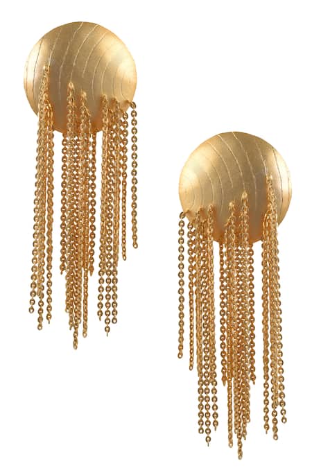 Shop_Zaza By Somya_Gold Plated Chain Tassel Round Dangler Earrings _at_Aza_Fashions