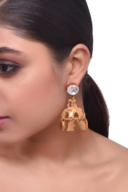 Zaza By Somya Gold Plated Diamonds, Stones Carved Jhumka Earrings 