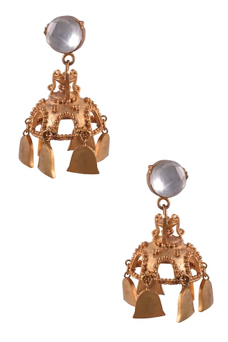 Shop Zaza By Somya Gold Plated Diamonds, Stones Carved Jhumka Earrings at Aza Fashions Shop_Zaza By Somya_Gold Plated Diamonds, Stones Carved Jhumka Earrings _at_Aza_Fashions