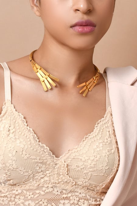 Shop_Zaza By Somya_Gold Plated Geometric Pattern Choker _at_Aza_Fashions