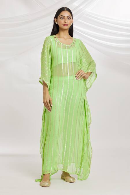 Buy_Samyukta Singhania_Green Viscose, Cotton Gota Patti Round Neck Striped Kaftan Pant Set