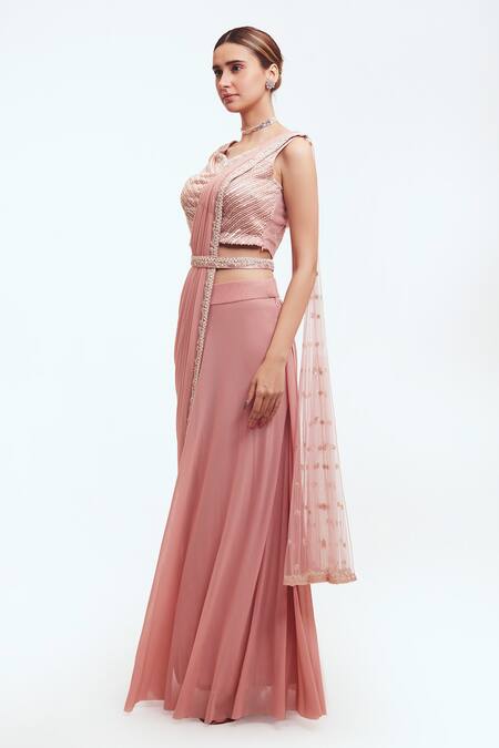 Onaya_Pink Lycra Net Embroidered Sequins V Neck Pre-draped Saree With Blouse_Online_at_Aza_Fashions