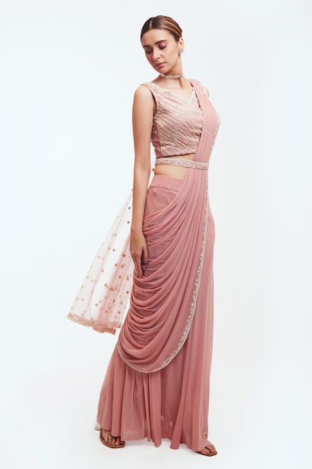 Buy_Onaya_Pink Lycra Net Embroidered Sequins V Neck Pre-draped Saree With Blouse_Online_at_Aza_Fashions