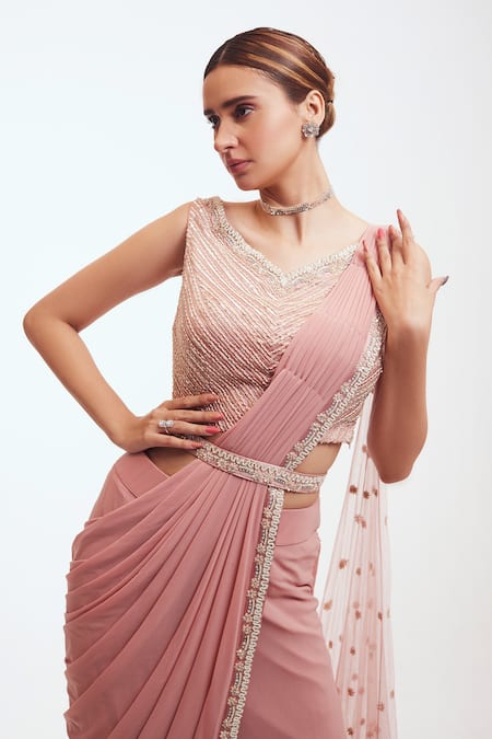 Shop_Onaya_Pink Lycra Net Embroidered Sequins V Neck Pre-draped Saree With Blouse_Online_at_Aza_Fashions
