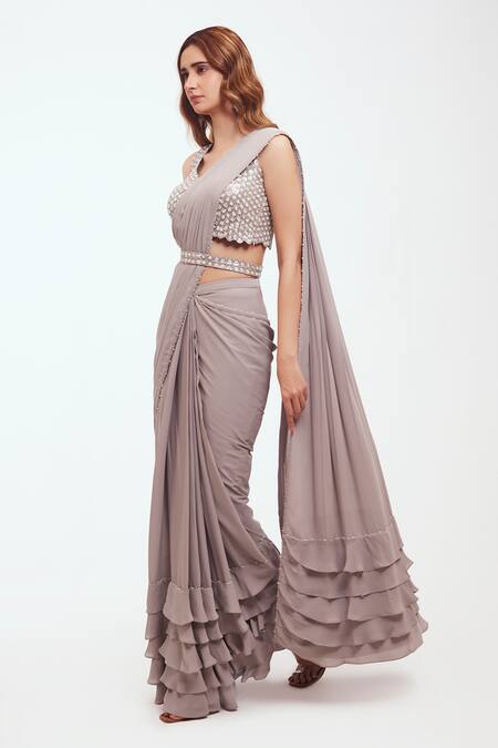 Onaya_Grey Georgette Embroidered Tikki V Neck Pallu Pre-draped Saree Set_Online_at_Aza_Fashions