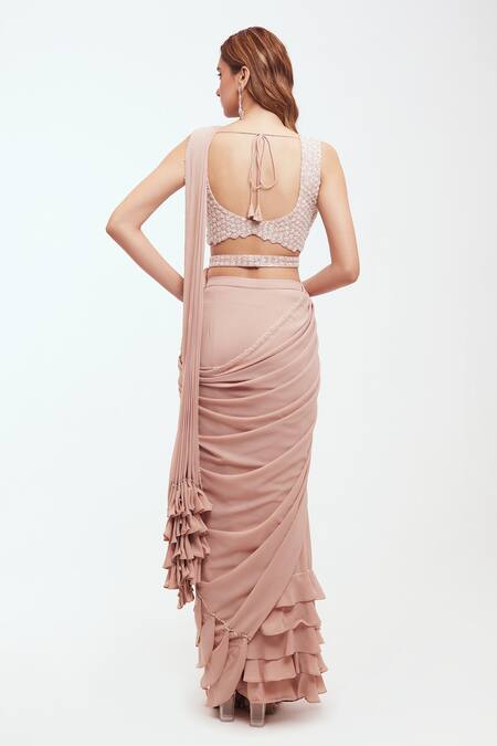 Shop Onaya Peach Georgette Embroidered Tikki V Neck Pallu Moti Pre-draped Saree Set at Aza Fashions Shop_Onaya_Peach Georgette Embroidered Tikki V Neck Pallu Moti Pre-draped Saree Set_at_Aza_Fashions