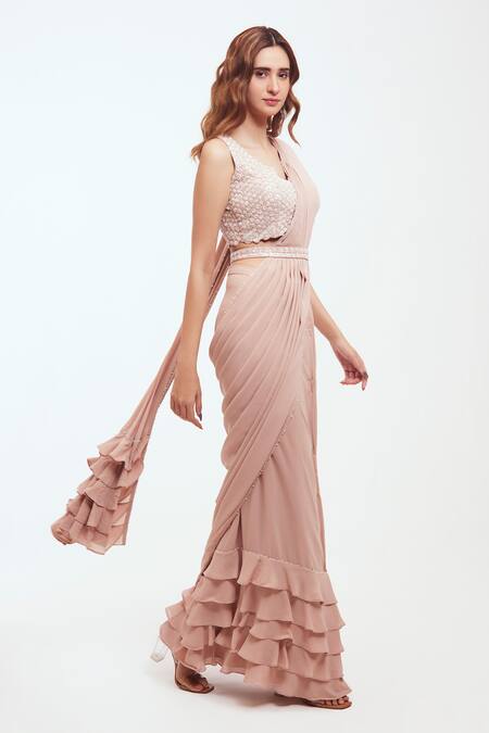 Buy Onaya Peach Georgette Embroidered Tikki V Neck Pallu Moti Pre-draped Saree Set Online at Aza Fashions Buy_Onaya_Peach Georgette Embroidered Tikki V Neck Pallu Moti Pre-draped Saree Set_Online_at_Aza_Fashions