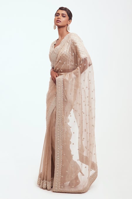 Onaya_Gold Tissue Embellished Mirror V Neck Saree And Blouse Set_Online_at_Aza_Fashions