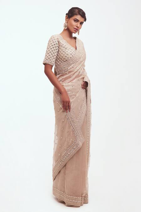 Buy_Onaya_Gold Tissue Embellished Mirror V Neck Saree And Blouse Set_Online_at_Aza_Fashions