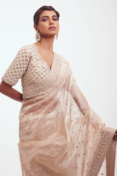 Shop_Onaya_Gold Tissue Embellished Mirror V Neck Saree And Blouse Set_Online_at_Aza_Fashions