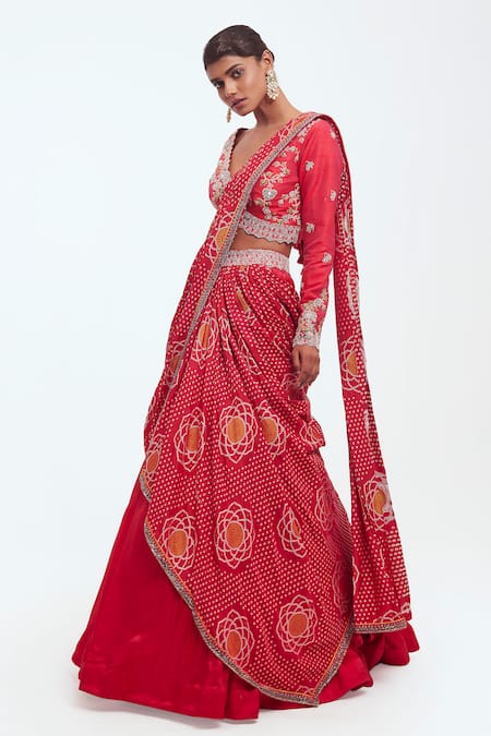 Onaya_Pink Silk Printed And Embellished Bandhani V Neck Rani Lehenga Saree Set _Online_at_Aza_Fashions