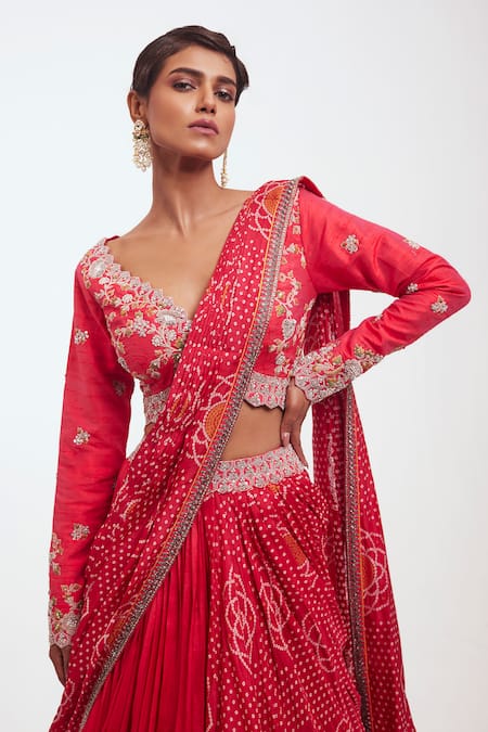 Shop_Onaya_Pink Silk Printed And Embellished Bandhani V Neck Rani Lehenga Saree Set _Online_at_Aza_Fashions