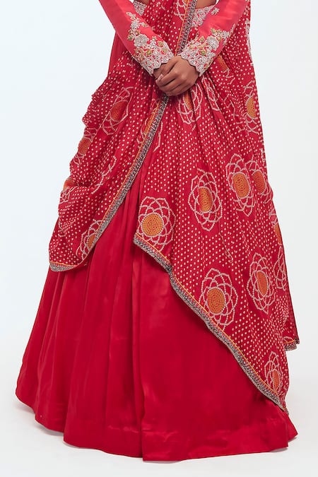 Onaya_Pink Silk Printed And Embellished Bandhani V Neck Rani Lehenga Saree Set _at_Aza_Fashions