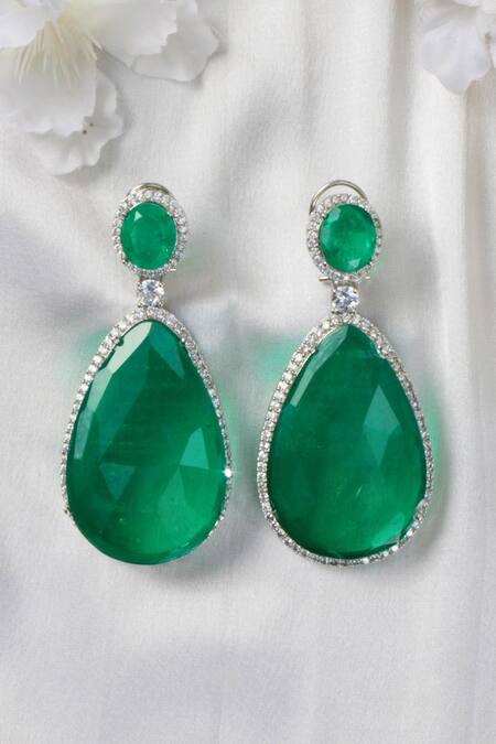 Shop Studio6 Jewels Green Zari Zircon Embellished Stud Earrings at Aza Fashions Shop_Studio6 Jewels_Green Zari Zircon Embellished Stud Earrings _at_Aza_Fashions