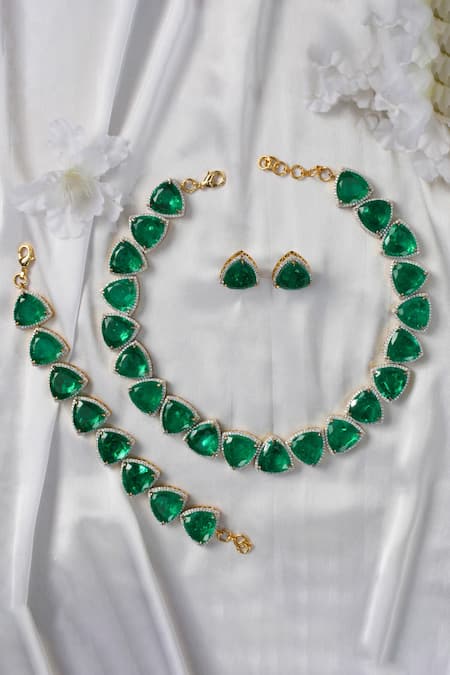 Simple Green Stone Necklace set - Little Fingers India
