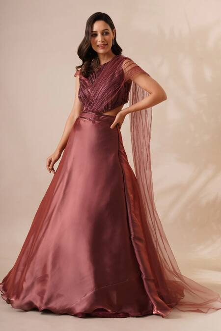 Buy Chaashni By Maansi And Ketan Purple Silk Organza Sequins, Beads, Mirrors Draped Lehenga With Work Blouse at Aza Fashions Buy_Chaashni By Maansi And Ketan_Purple Silk Organza Sequins, Beads, Mirrors Draped Lehenga With Work Blouse_at_Aza_Fashions