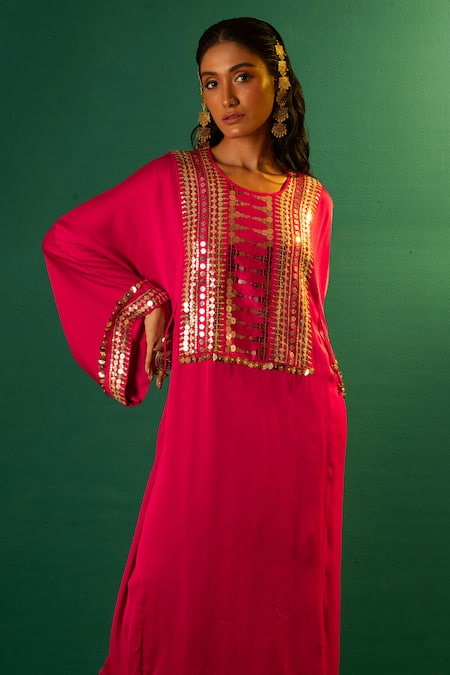 Prahnaaya Fuchsia Satin Embroidery Round Neck Marrakech Yoke Kurta And Salwar Set Online at Aza Fashions Prahnaaya_Fuchsia Satin Embroidery Round Neck Marrakech Yoke Kurta And Salwar Set _Online_at_Aza_Fashions