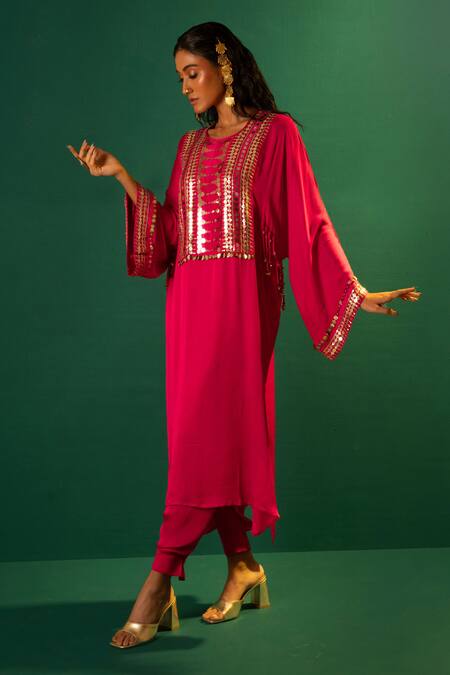 Shop Prahnaaya Fuchsia Satin Embroidery Round Neck Marrakech Yoke Kurta And Salwar Set Online at Aza Fashions Shop_Prahnaaya_Fuchsia Satin Embroidery Round Neck Marrakech Yoke Kurta And Salwar Set _Online_at_Aza_Fashions