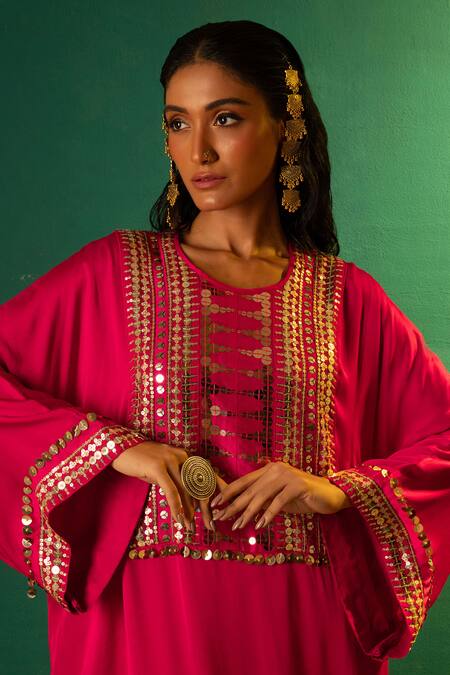 Prahnaaya Fuchsia Satin Embroidery Round Neck Marrakech Yoke Kurta And Salwar Set at Aza Fashions Prahnaaya_Fuchsia Satin Embroidery Round Neck Marrakech Yoke Kurta And Salwar Set _at_Aza_Fashions