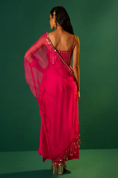 Shop Prahnaaya Pink Satin, Silk Organza Mirrors, Sequins Dash Skirt Set With Half Cape at Aza Fashions Shop_Prahnaaya_Pink Satin, Silk Organza Mirrors, Sequins Dash Skirt Set With Half Cape _at_Aza_Fashions