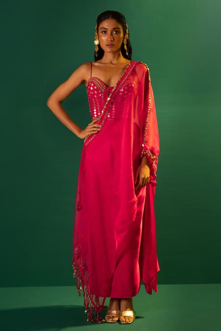 Prahnaaya Pink Satin, Silk Organza Mirrors, Sequins Dash Skirt Set With Half Cape Online at Aza Fashions Prahnaaya_Pink Satin, Silk Organza Mirrors, Sequins Dash Skirt Set With Half Cape _Online_at_Aza_Fashions