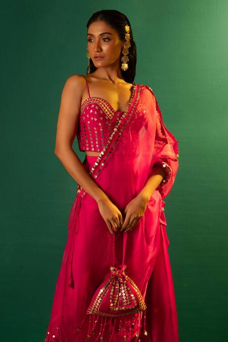 Shop Prahnaaya Pink Satin, Silk Organza Mirrors, Sequins Dash Skirt Set With Half Cape Online at Aza Fashions Shop_Prahnaaya_Pink Satin, Silk Organza Mirrors, Sequins Dash Skirt Set With Half Cape _Online_at_Aza_Fashions