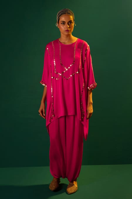 Prahnaaya Fuchsia Satin Sequins, Mirrors Round Neck Hand Embroidered Top And Pant Set Online at Aza Fashions Prahnaaya_Fuchsia Satin Sequins, Mirrors Round Neck Hand Embroidered Top And Pant Set _Online_at_Aza_Fashions
