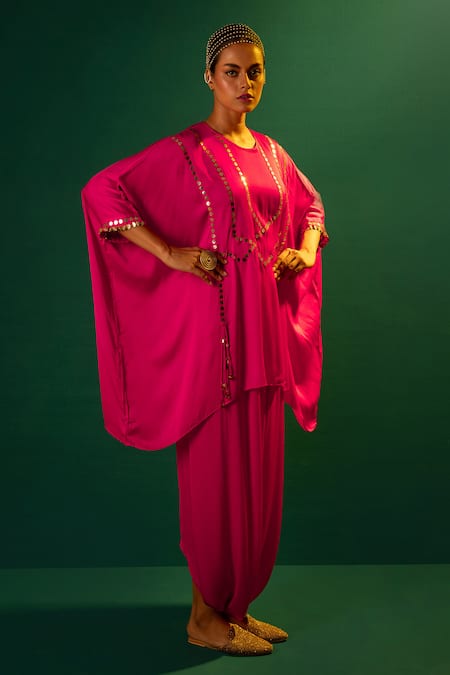 Shop Prahnaaya Fuchsia Satin Sequins, Mirrors Round Neck Hand Embroidered Top And Pant Set Online at Aza Fashions Shop_Prahnaaya_Fuchsia Satin Sequins, Mirrors Round Neck Hand Embroidered Top And Pant Set _Online_at_Aza_Fashions