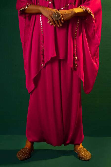 Prahnaaya Fuchsia Satin Sequins, Mirrors Round Neck Hand Embroidered Top And Pant Set at Aza Fashions Prahnaaya_Fuchsia Satin Sequins, Mirrors Round Neck Hand Embroidered Top And Pant Set _at_Aza_Fashions