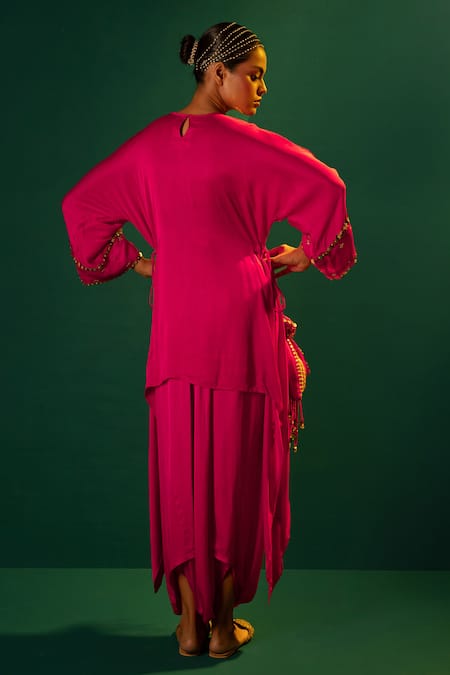 Prahnaaya Fuchsia Hand Embroidered Tunic & Dhoti Set 