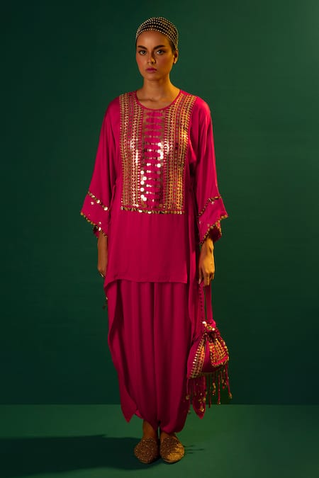 Prahnaaya_Fuchsia Satin Sequins, Mirrors Round Neck Hand Embroidered Tunic And Dhoti Set _Online_at_Aza_Fashions