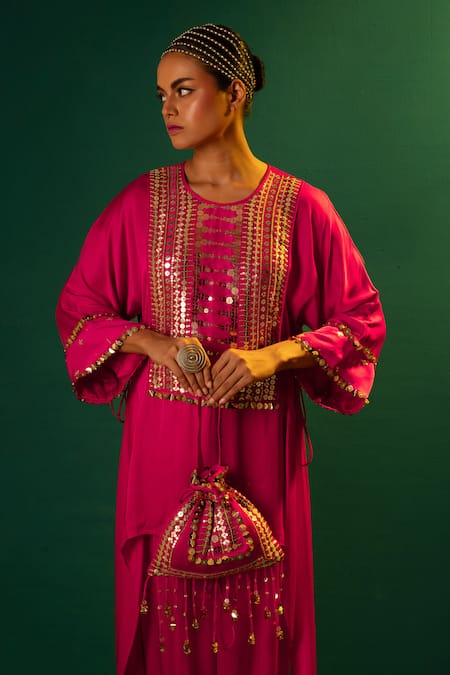 Buy_Prahnaaya_Fuchsia Satin Sequins, Mirrors Round Neck Hand Embroidered Tunic And Dhoti Set _Online_at_Aza_Fashions