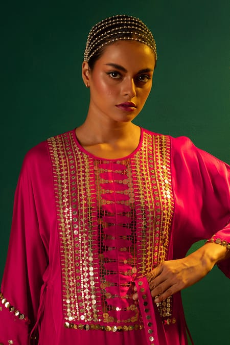 Shop_Prahnaaya_Fuchsia Satin Sequins, Mirrors Round Neck Hand Embroidered Tunic And Dhoti Set _Online_at_Aza_Fashions