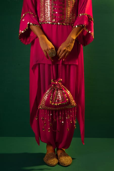 Prahnaaya_Fuchsia Satin Sequins, Mirrors Round Neck Hand Embroidered Tunic And Dhoti Set _at_Aza_Fashions