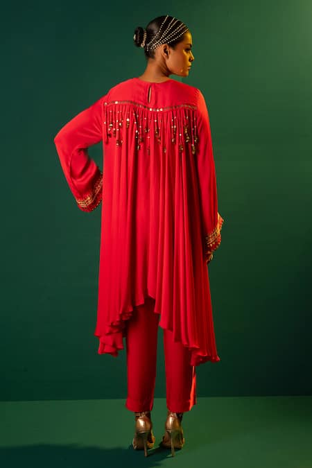 Shop Prahnaaya Red Satin Mirrors, Sequins Round Neck High-low Hand Embroidered Anarkali Set at Aza Fashions Shop_Prahnaaya_Red Satin Mirrors, Sequins Round Neck High-low Hand Embroidered Anarkali Set _at_Aza_Fashions