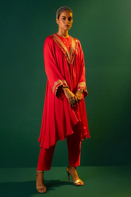 Prahnaaya Red Satin Mirrors, Sequins Round Neck High-low Hand Embroidered Anarkali Set Online at Aza Fashions Prahnaaya_Red Satin Mirrors, Sequins Round Neck High-low Hand Embroidered Anarkali Set _Online_at_Aza_Fashions