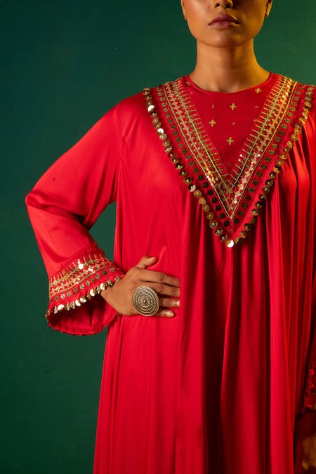 Buy Prahnaaya Red Satin Mirrors, Sequins Round Neck High-low Hand Embroidered Anarkali Set Online at Aza Fashions Buy_Prahnaaya_Red Satin Mirrors, Sequins Round Neck High-low Hand Embroidered Anarkali Set _Online_at_Aza_Fashions