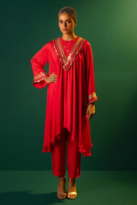 Shop Prahnaaya Red Satin Mirrors, Sequins Round Neck High-low Hand Embroidered Anarkali Set Online at Aza Fashions Shop_Prahnaaya_Red Satin Mirrors, Sequins Round Neck High-low Hand Embroidered Anarkali Set _Online_at_Aza_Fashions